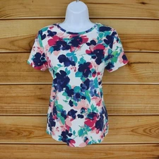 Studio Works The Studio T-Shirt Womens PM White Colorful Floral 100% Cotton Soft