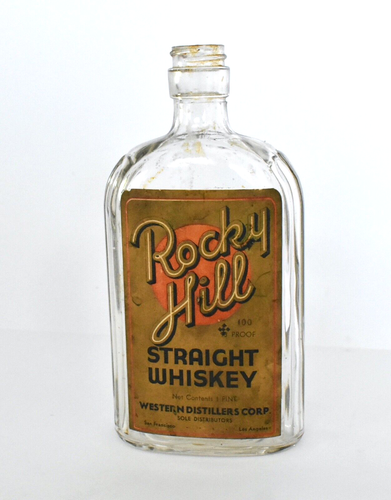 VINTAGE WHISKEY FLASCHE ROCKY HILL Etikett Klarglas Pint Antik 1900er