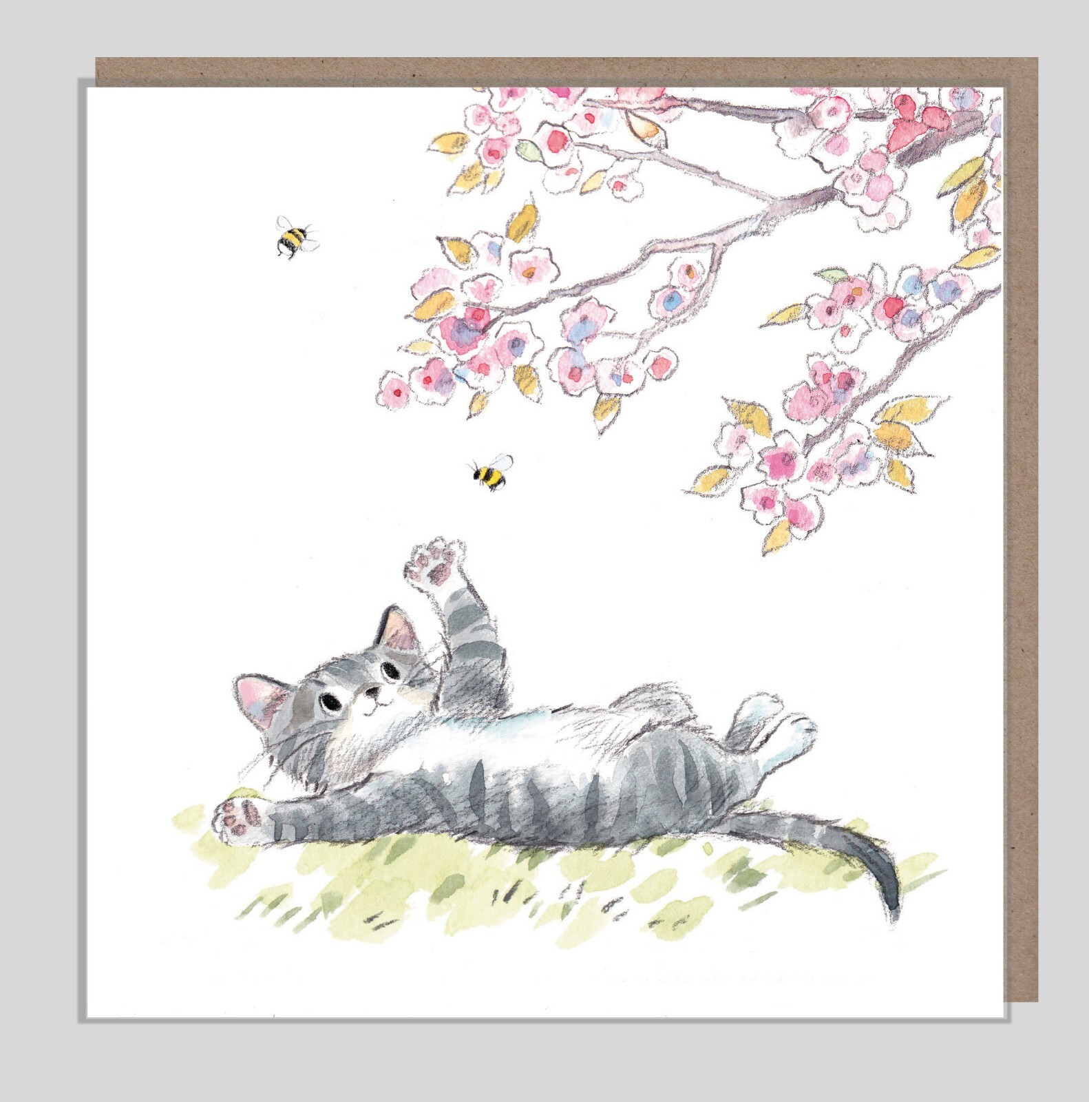 Cat Birthday Card – Cute Kitten with Blossom and Bees Illustrated Greeting Card
