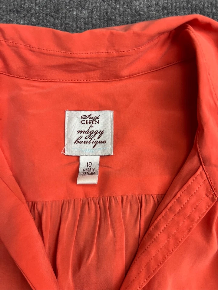Suzi Chin For Maggie Boutique Dress Women's 10 Orange Shirt Long Sleeve Belted - Image 2 of 4