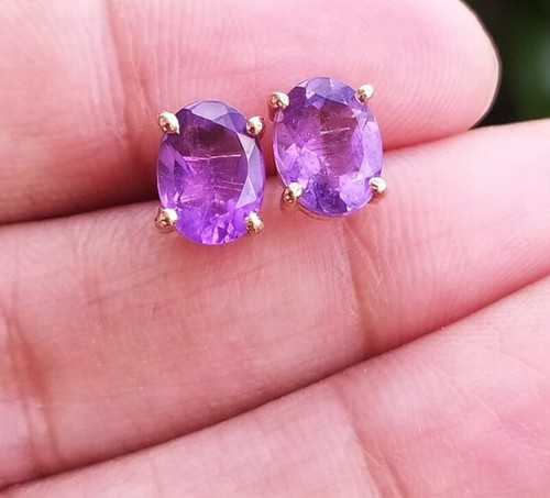 CHRISTMAS GIFT 4 HER6X8MM Oval Amethyst Women's Solitaire Stud Earing Silver - Picture 3 of 4