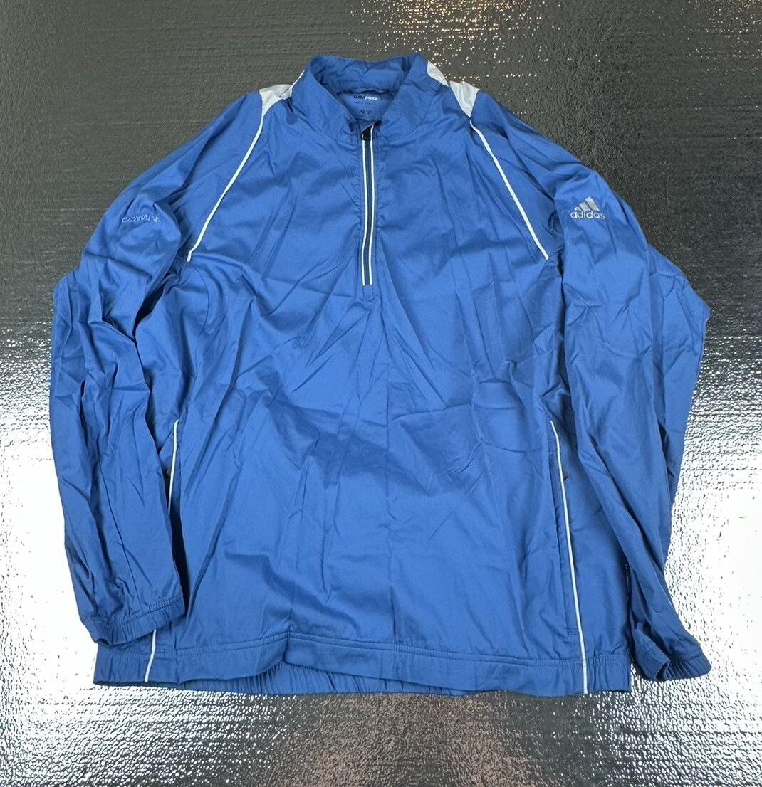 ADIDAS Men's CLIMAPROOF Wind Golf 1/4 Zip Blue Windbreaker Jacket Size L  Pockets