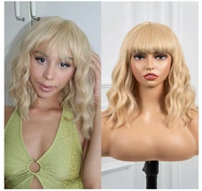 Short Wavy Bob Wigs With Bangs - 12 Inch Synthetic Wigs Blonde Glueless Bob Wigs