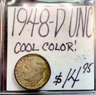 1948 D Roosevelt Dime UNC. Cool Color! ENN Coins