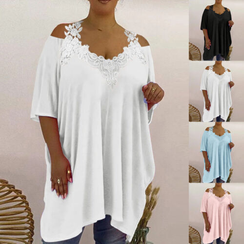 Plus Size Womens V Neck Tunic Tops Lace Cold Shoulder Swing Loose OL Shirt UK Plus Size Womens V Neck Tunic Tops Lace Cold Shoulder Swing Loose OL Shirt UK