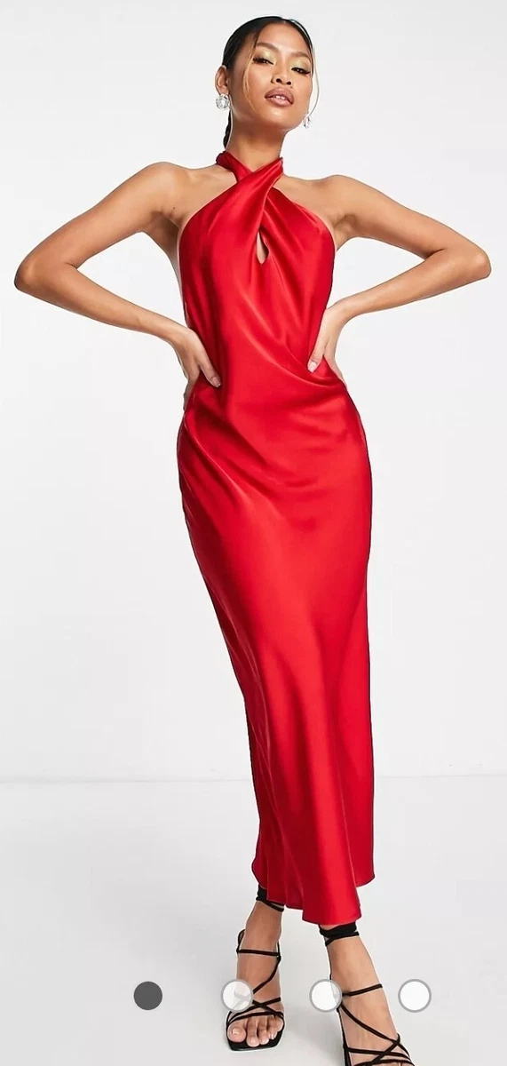Red halter cheap dress midi