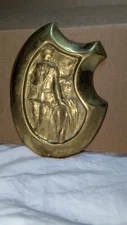 Vintage Brass Ashtray with Soldier and Lady Design - Shield Shape