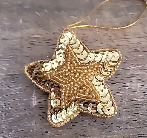 Vintage Sequence Ornaments 2 Gold Stars Stocking & Snowman - Picture 4 of 15