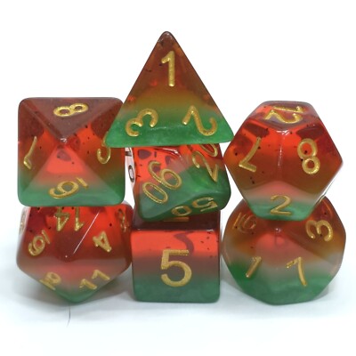 New 7 Piece Polyhedral Translucent Layered Watermelon Dice Set With Dice Bag