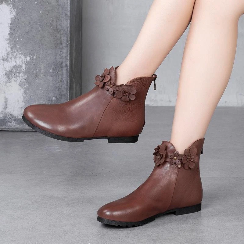 Women s Vintage Leather PU Ankle Boots Flower Flat Round Back Zipper Casual
