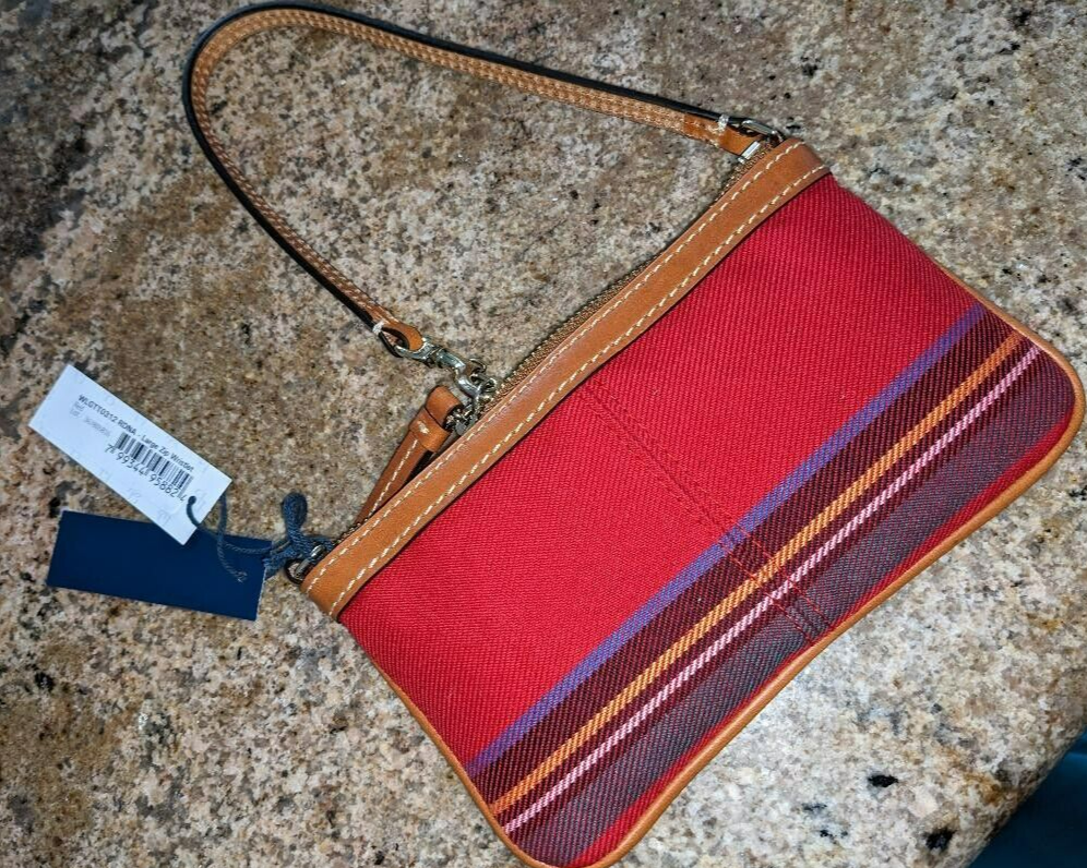 Dooney & Bourke Large Wristlet Red Fabric w Brown Leather Trim NWT