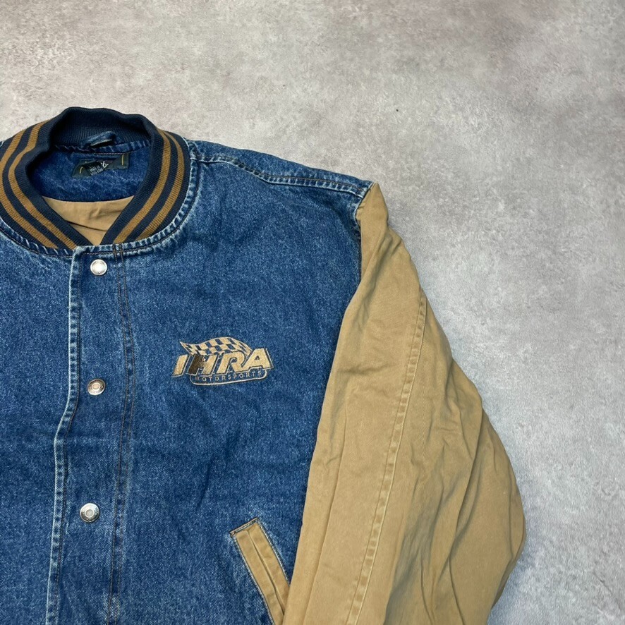Dunbrooke Bomber Jacket Mens Large Motorsports Denim Varsity Coat, Blue image 3