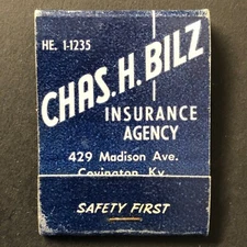 Chas. H. Bilz Insurance Covington, KY Near Full (-1) Matchbook c1940's Scarce
