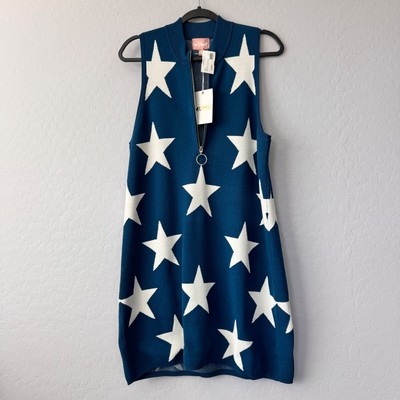 NWT Show Me Your Mumu Star Dress Sleeveless Knit Zip Front Blue White Size S