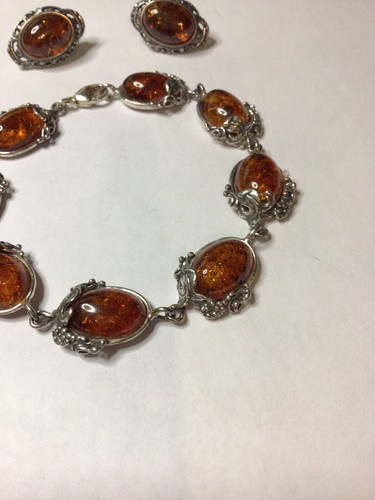 Vintage 8" Sterlingsilber Polen baltischer Bernstein Cabochon "Traube" Armband & Ohrringe - Bild 3 von 7