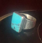 SILVER TURQUOISE RING – SQUARE CUT STONE – Vintage Navajo – HEAVY BAND size 7