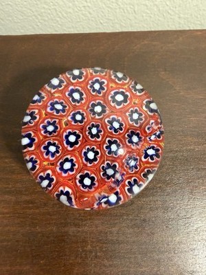 Vintage Millifiori Art Glass Paperweight Blue/Red/Yellow Blown Glass
