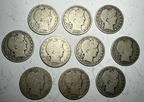 Lot of 10 Barber Half Dollars 90% Silver