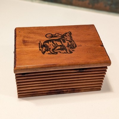 Wooden cedar  trinket or jewelry box Howling at the Moon wolf vintage