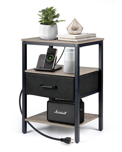 Nightstand with Charging Station, Bed Side Table with Fabric Drawer, 3-Tier S...