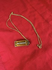 Vtg Mini Harmonica Necklace New Harmonica Musical Instrument Pendant Gold Tone