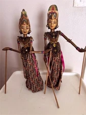 VTG Wayang Golek Java Hand Made Pair Wood Rod Puppet Indus Articulated 15"