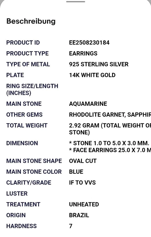 925Silber OHRRINGE HÄNGER Echte Edelsteine Aquamarin 14Karat Weißvergoldung - Bild 4 von 4