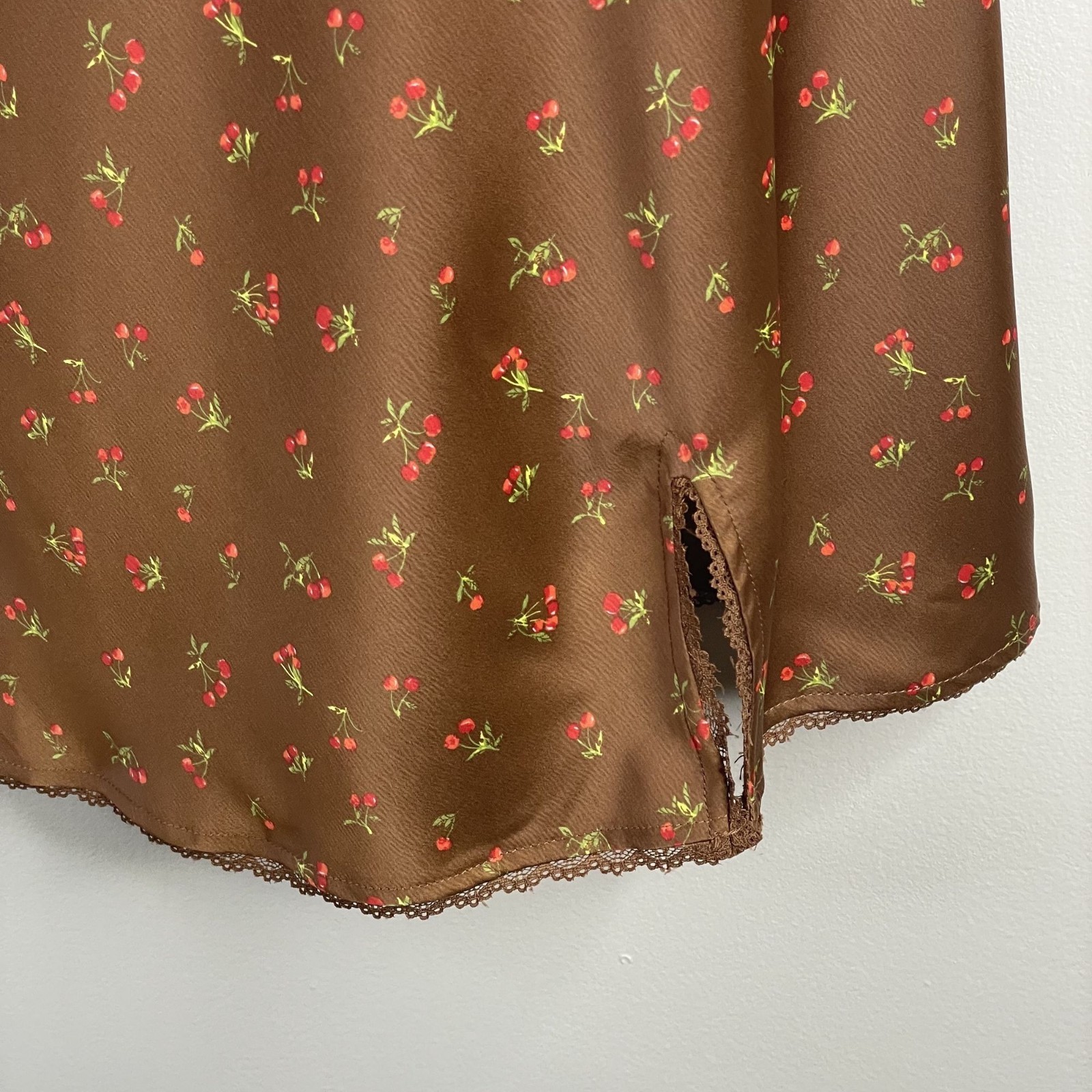 Wild Fable Silky Satin Slip Dress Large Brown Ditsy Cherries Tie Back Strap