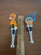 2 NWOT Art Glass Wine Bottle Stoppers in Hand Blown Tropical Fish Multicolored