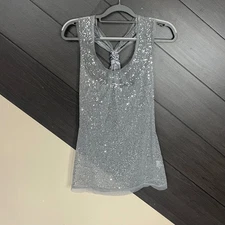 BKE Boutique Women's Sequin Mesh Tank Top XL Silver Sparkle Party Knot Back