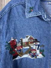 VTG Bobbie Brooks Christmas Shirt Womens 14/16 Blue Denim Teddy Bears Snowman