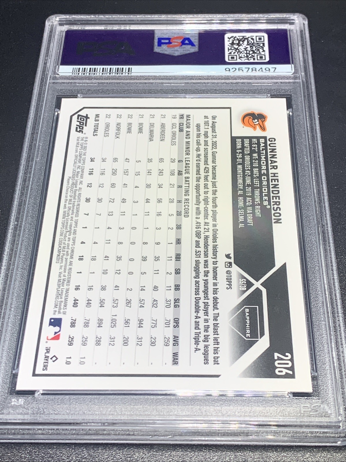 2023 Topps Chrome Sapphire GUNNAR HENDERSON #206 RC PSA 10 Rookie GEM MT Orioles view 4