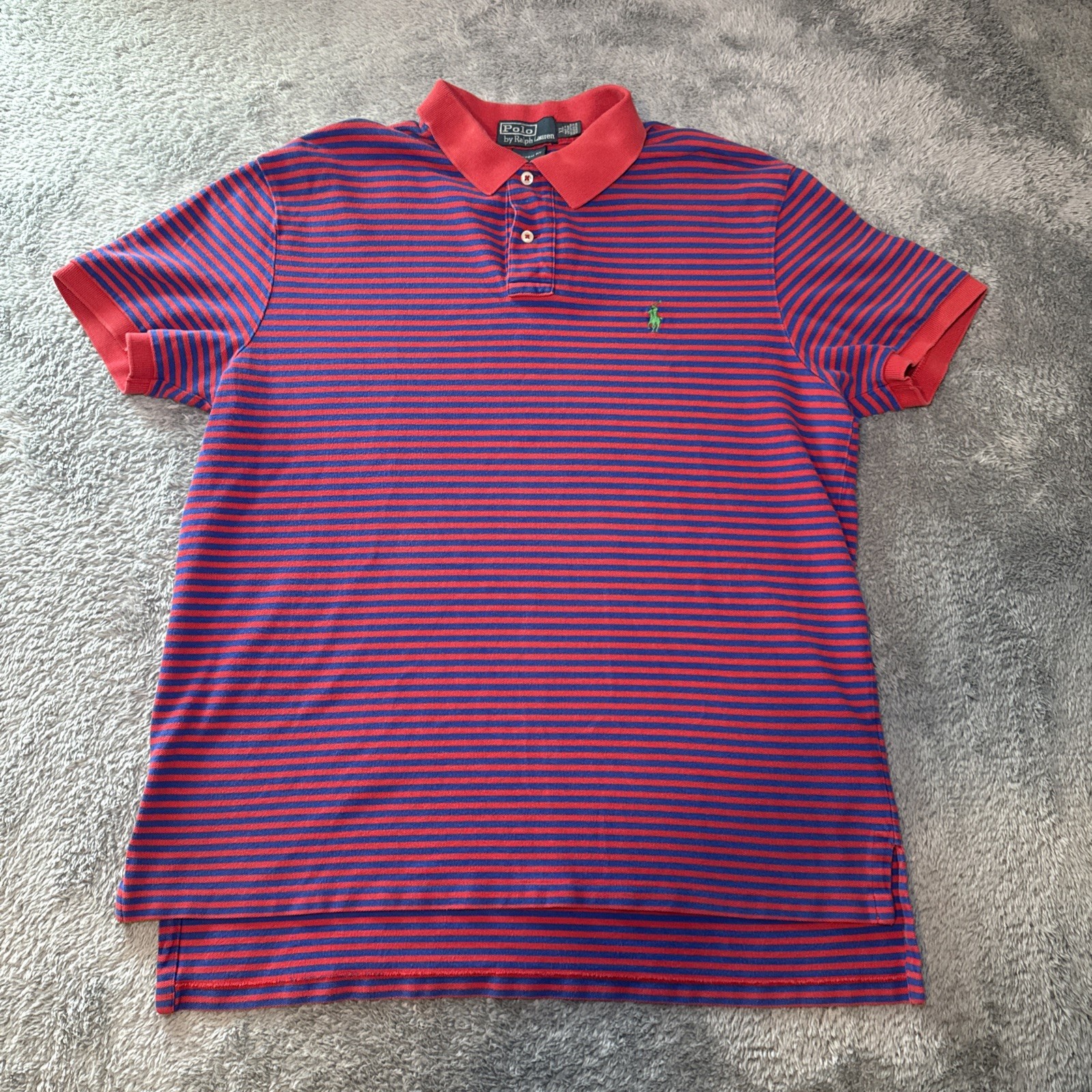 Polo Ralph Lauren vintage uomo XL vestibilità personalizzata rosso blu camicia a righe verde pony