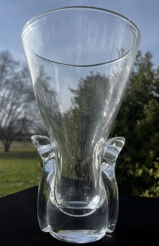 Steuben Art Glass Clear Crystal Flower Vase Lloyd Atkins Lyre Signed Vintage MCM