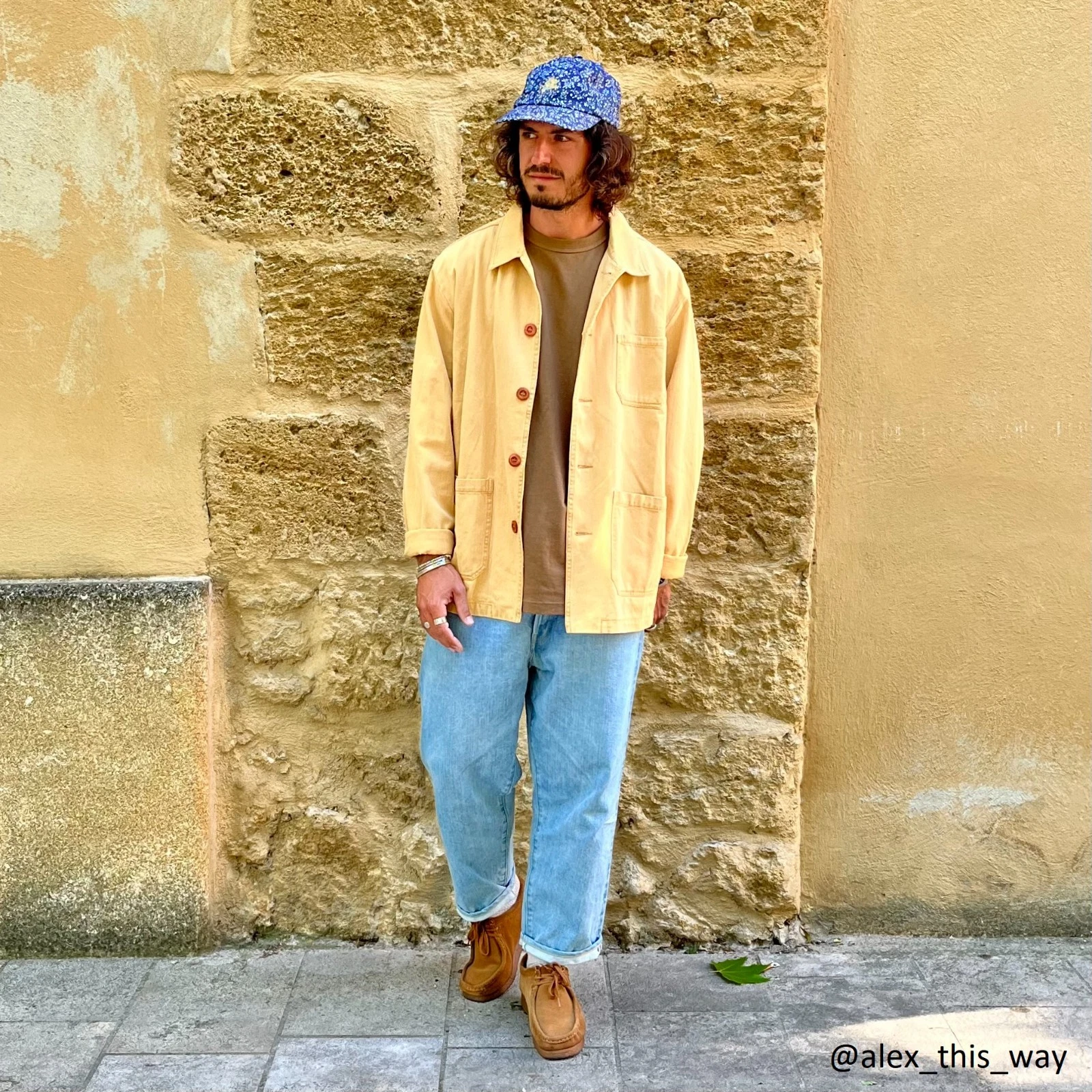 60s Style Washed Camel Brown French Jacket Workwear Chore Herringbone Cotton