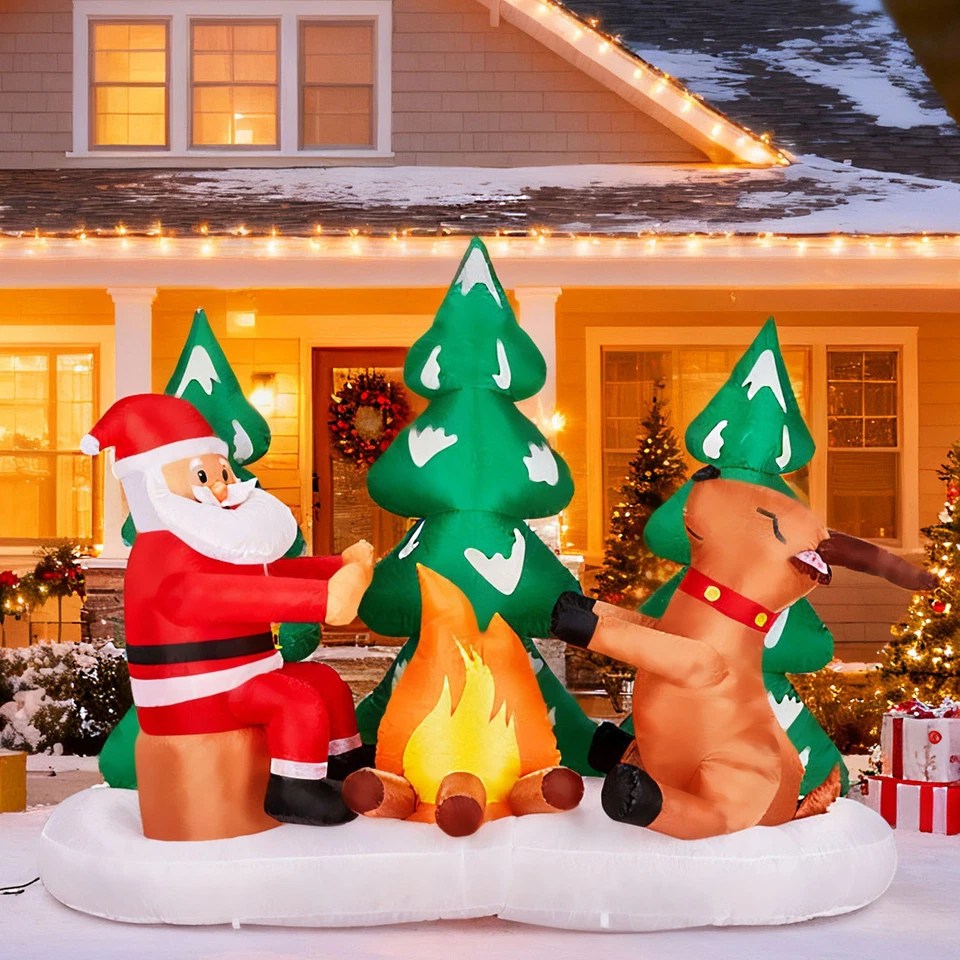 Christmas Inflatable Holiday Decor ​9 FT Fire-Roasting Santa Claus Fawn w/ Light