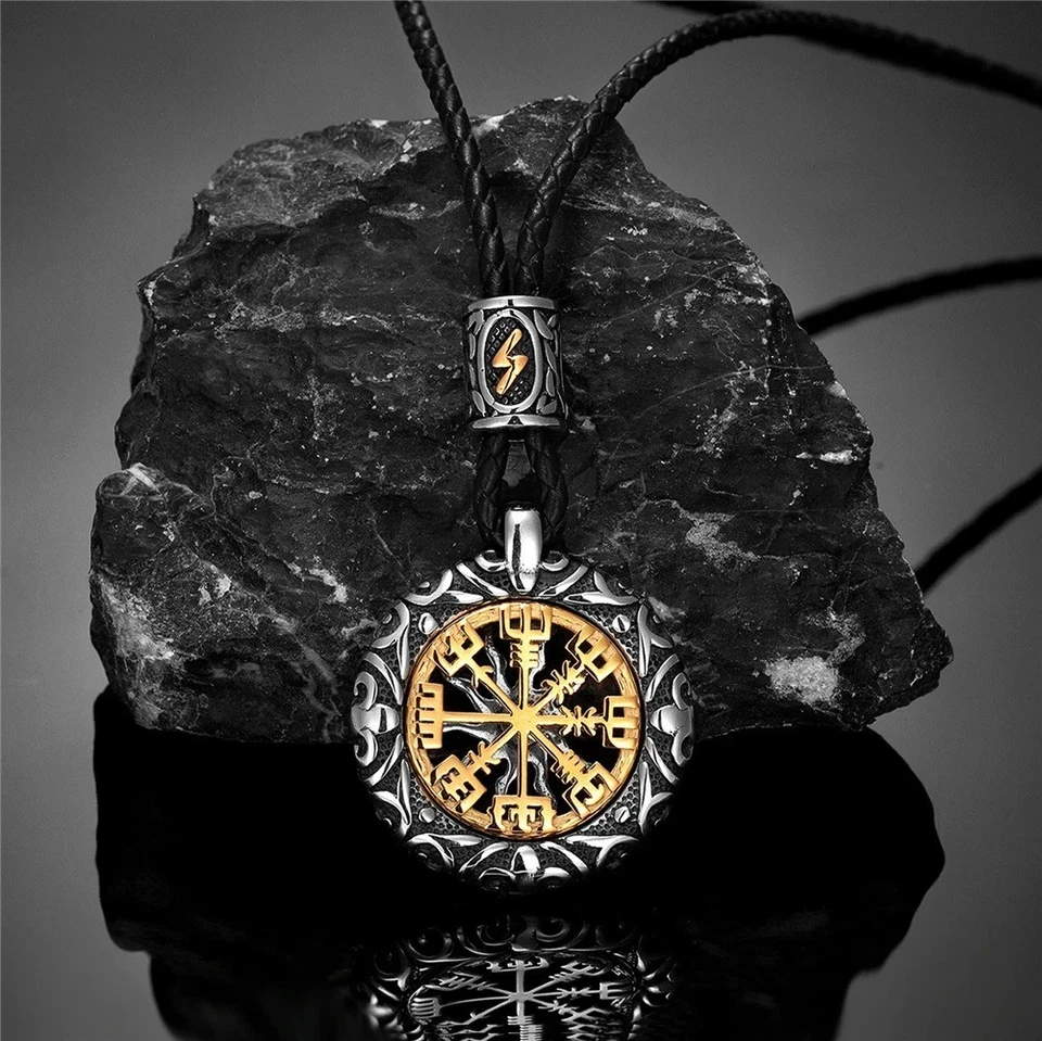Norse Viking Compass Pendant Necklace Men Sun Rune with Leather Wheat Chain Gift - Image 3 of 4