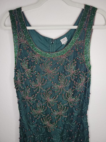 Vntg grün handgeperlentes Midi ärmellos Gatsby Karneval Cocktail Partykleid S - Bild 5 von 10