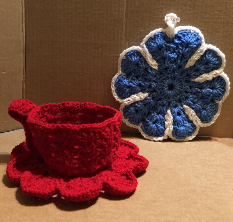 Handmade Crocheted Red Cup and Saucer and Blue and White Hot Pad Trivet. New