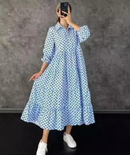 Indian Women Blue Cotton Kurta Kurti unique comfortable beautiful stylish dress