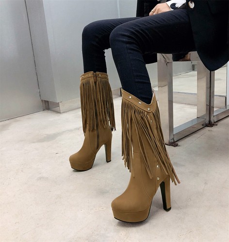 Fashion Womens Tassal Platform Rivet Suede High Heels Fringe Zip Mid Calf Boots - Picture 13 of 15