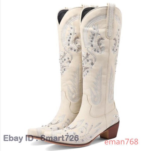 New Women's Embroidered Floral Western Knee High Boots Faux Leather Cowboy Boots