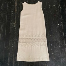 VTG 1960s Beige Ecru Linen Embroidered Midi Shift Dress SM MED