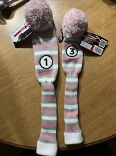 Maxfli 1 Driver & 3 Wood Vintage Look Knit Pink Stripe Pom Pom Head Covers NWT