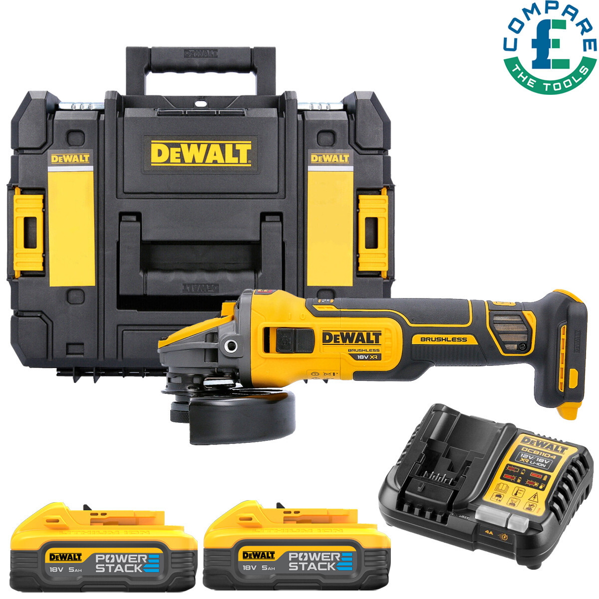 DeWalt DCG409H2T 18V XR Brushless Angle Grinder + 2 x 5Ah Powerstack Batteries
