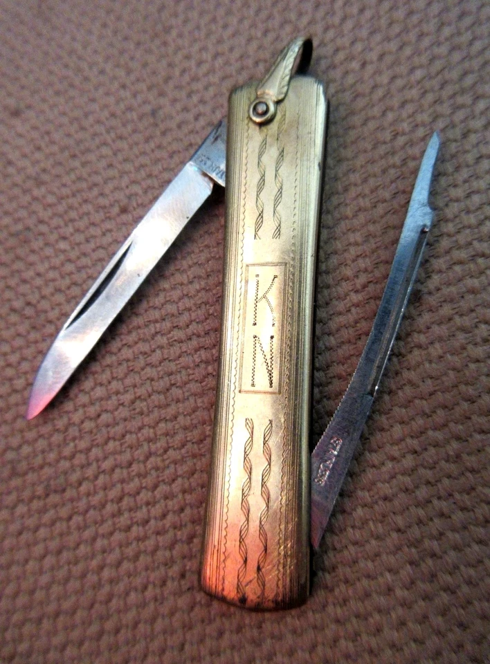 faca dobrável antiga vitoriana folheada a ouro amarelo 12k bolso ferramenta de adulteração de cachimbo - Imagem 2 de 4