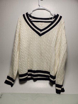 Blu Pepper White/Navy V-Neck Cable Knit Sweater Size Medium RK14