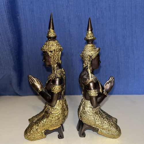 2 Antique 7" H Gilt Metal & Bronze Thai Teppanom Kneeling Añjali Mudrā Statues - Picture 12 of 12