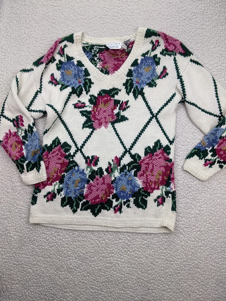 Suéter pulôver feminino Peck Peck tricô à mão S branco flor cabo malha 3D - Imagem 2 de 4