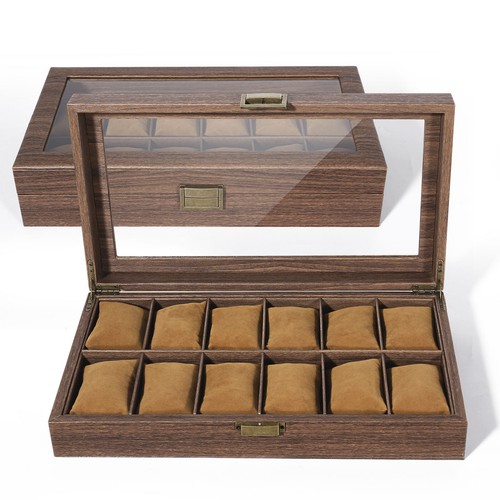 Uhrenbox 12 Fächer Holz mit Glasdeckel Schmuck Aufbewahrung Organizer Vitrine - Bild 8 von 21